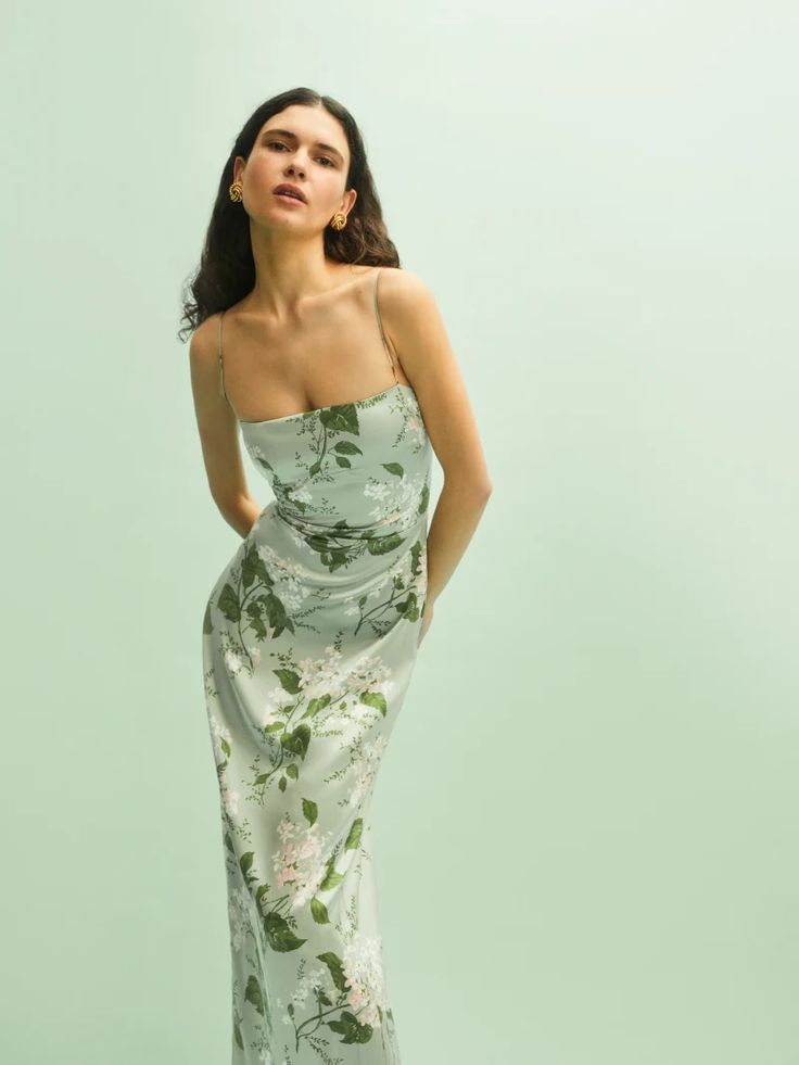 Green Rehearsal Dinner Dress, Reformation Frankie Silk Dress, Garden Party Sundress, Frankie Silk Dress, Christmas Fits, Ireland Wedding, Cami Maxi Dress, Wedding Clothes, Floral Cami