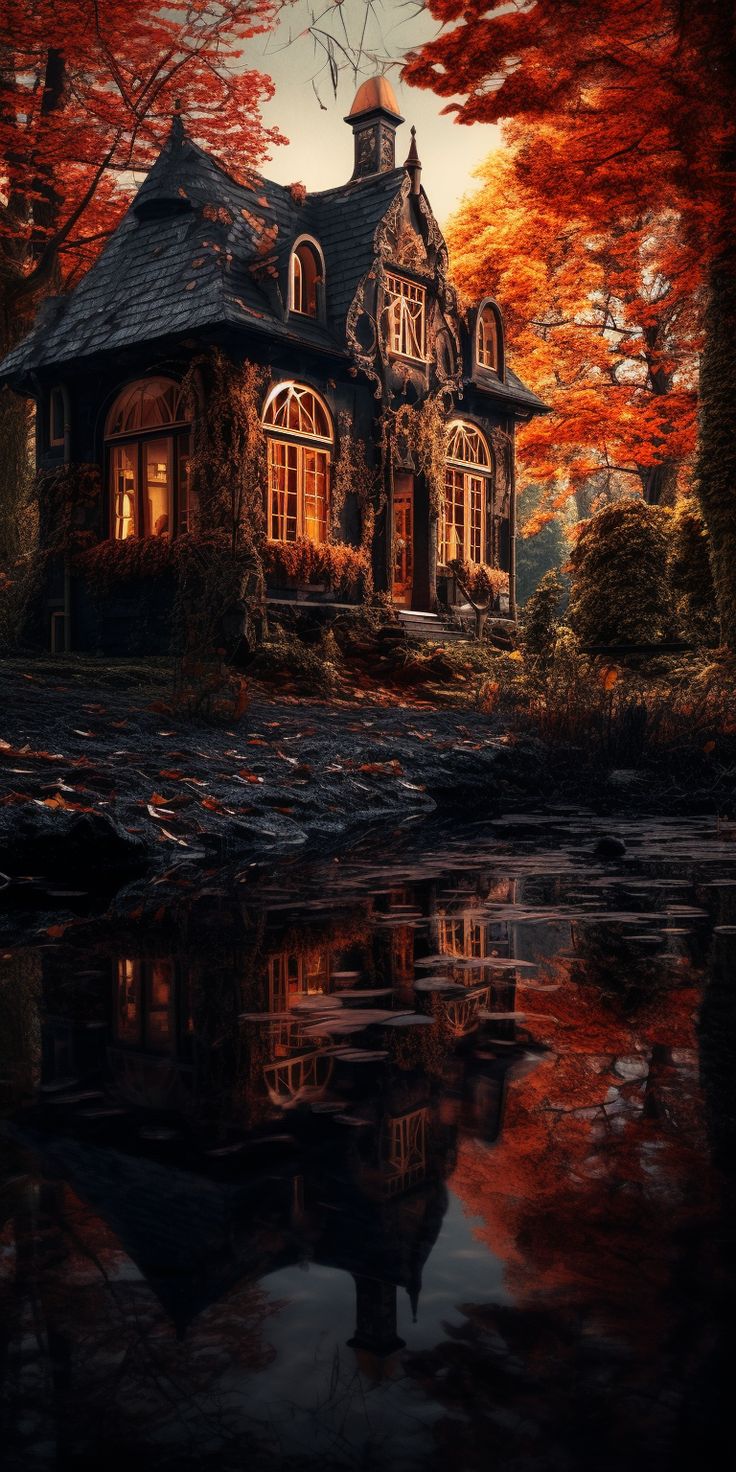 a painting of a house in the woods with autumn leaves on it's trees