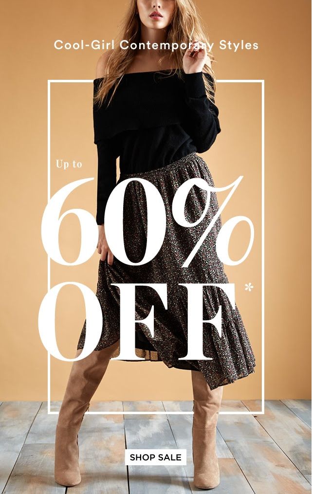 a woman in black shirt and skirt standing on wooden floor with text reading cool girl contemporary styles up to 60 % off shop sale