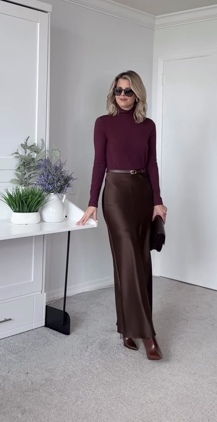 Brown Satin Maxi Skirt Outfit, Printed Satin Skirt Outfit, Business Casual Holiday Outfit, Burgundy Satin Skirt, Long Silk Skirt Outfit Classy, Burgundy Silk Skirt Outfit, Long Skirt Autumn Outfit, Burgundy Satin Skirt Outfit, Wool Jumper Outfit