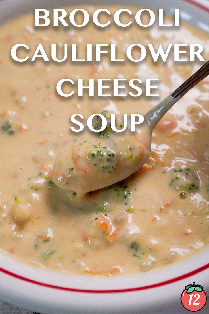 broccoli cauliflower cheese soup in a bowl with a spoon