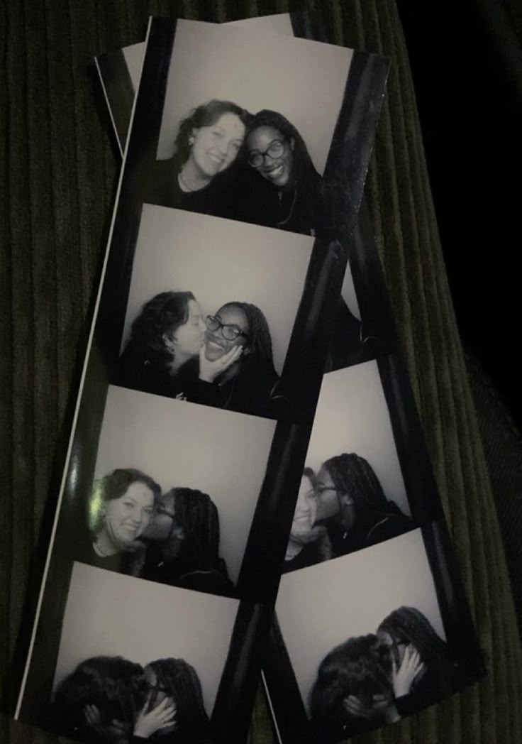 four polaroid pictures of two people kissing each other