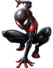 a spider man kneeling down with his hands in the air