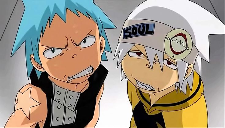 two anime characters one with blue hair and the other with white hair, are facing each other