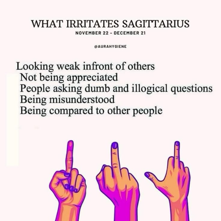 three fingers pointing at something in the air with words above it that read, what irritates sagitaurus?