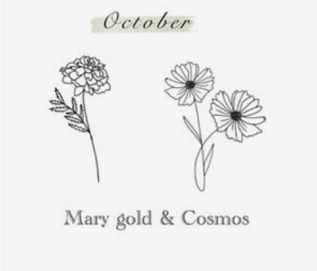 two flowers with the words october and mary gold & cosmos written on them