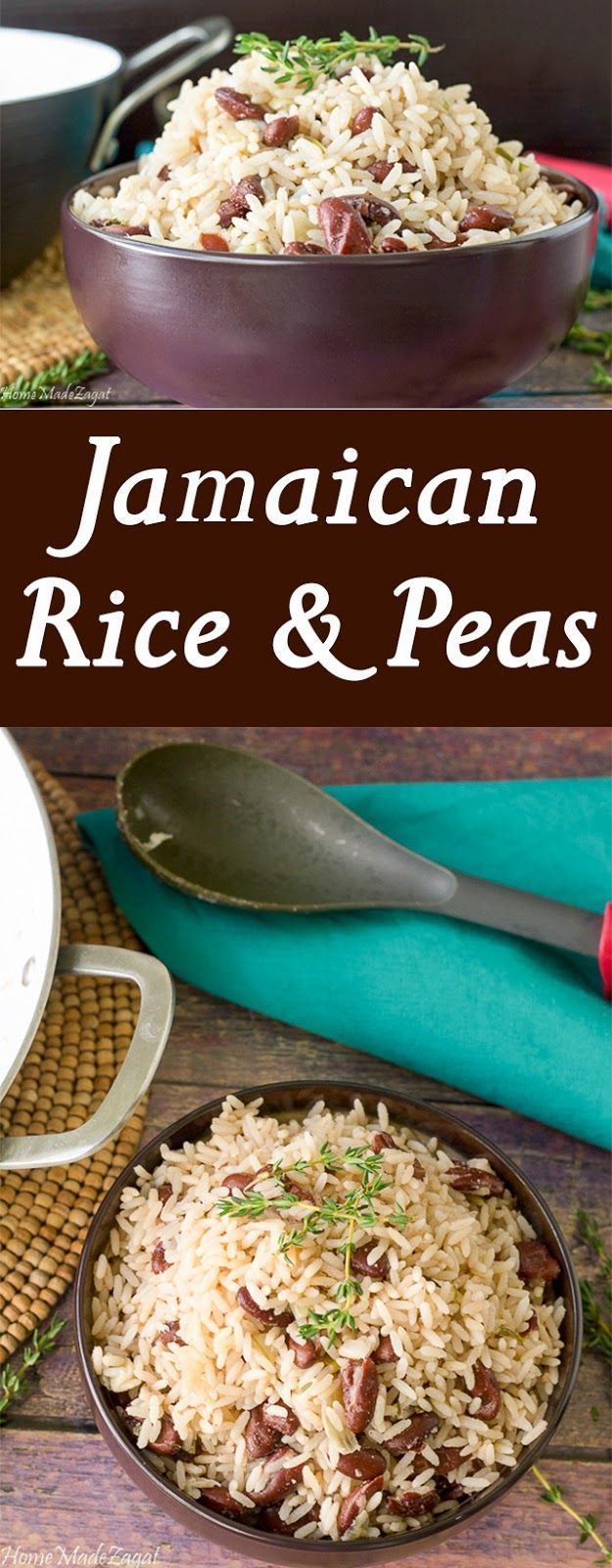 jamaican rice and peas in a bowl with spoons on the side, next to a pan