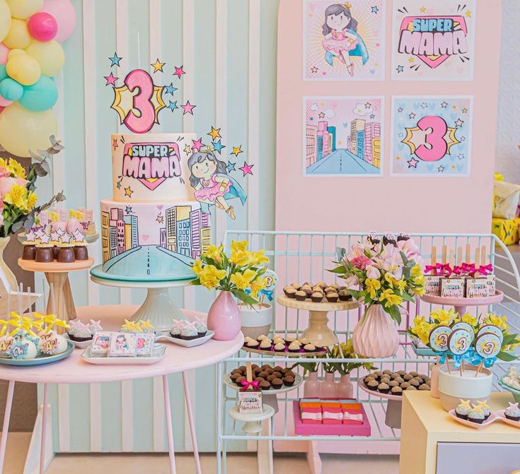 a birthday party with cupcakes, cakes and balloons on the wall behind it