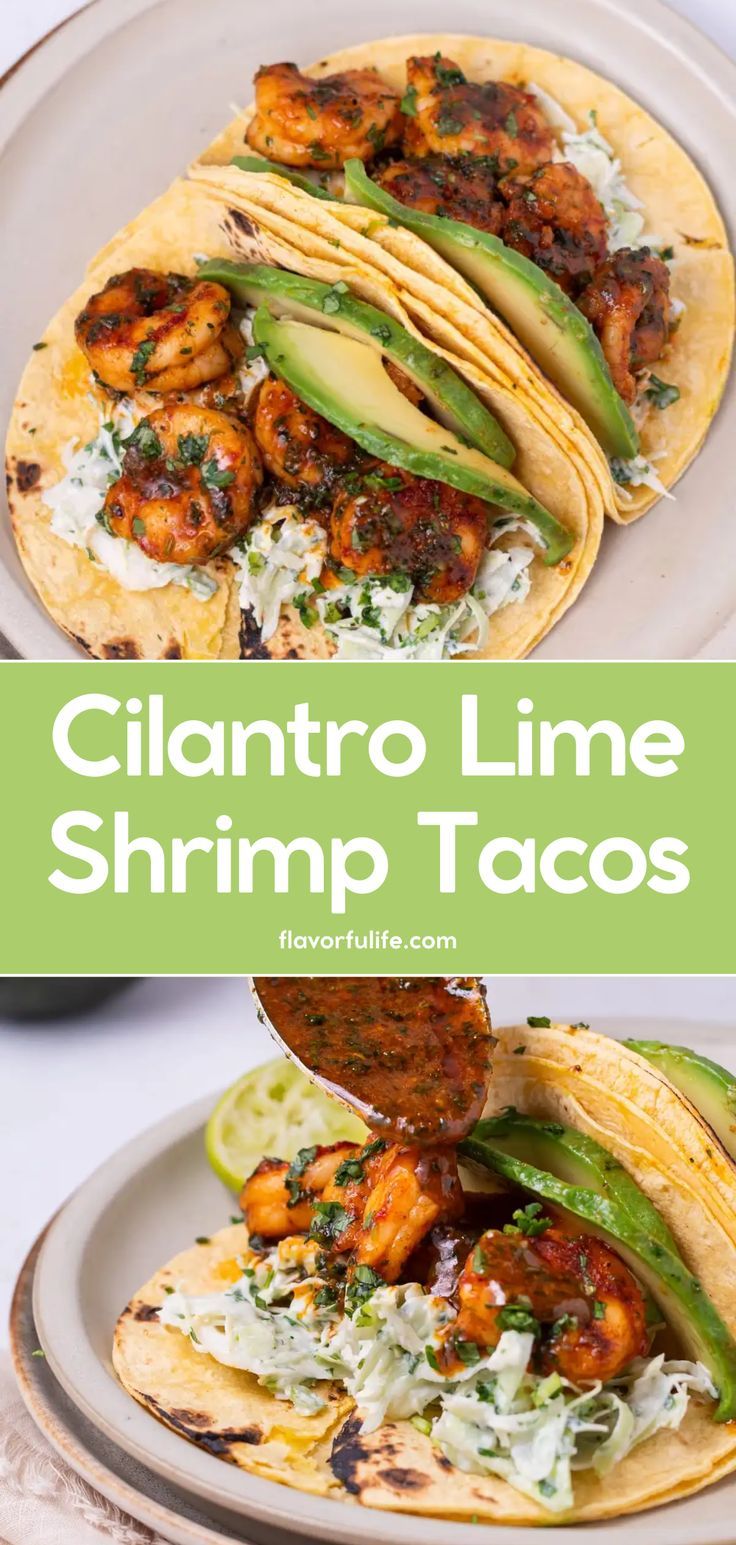 shrimp tacos with cilantro lime and sour cream on top, served in flour tortillas