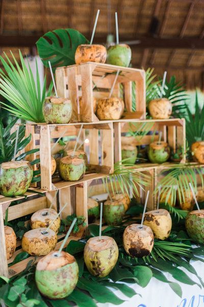 coconuts are arranged in wooden crates on a table with palm leaves and greenery