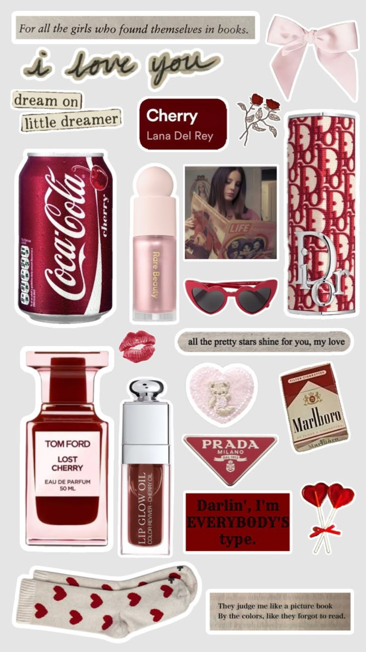 a collage of various items that include lipstick, eyeglasses and other things