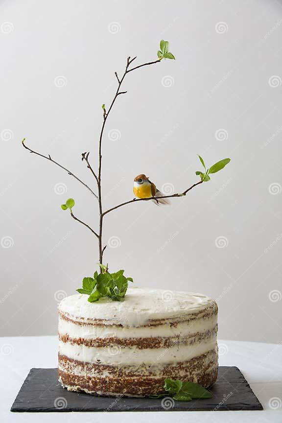 a small bird sitting on top of a cake with white frosting and green leaves