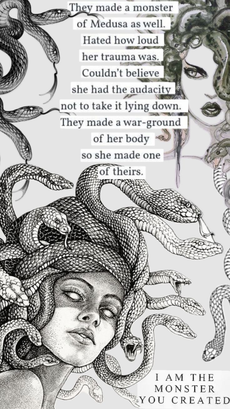 a drawing of a woman with snakes on her head and the words medusa as well