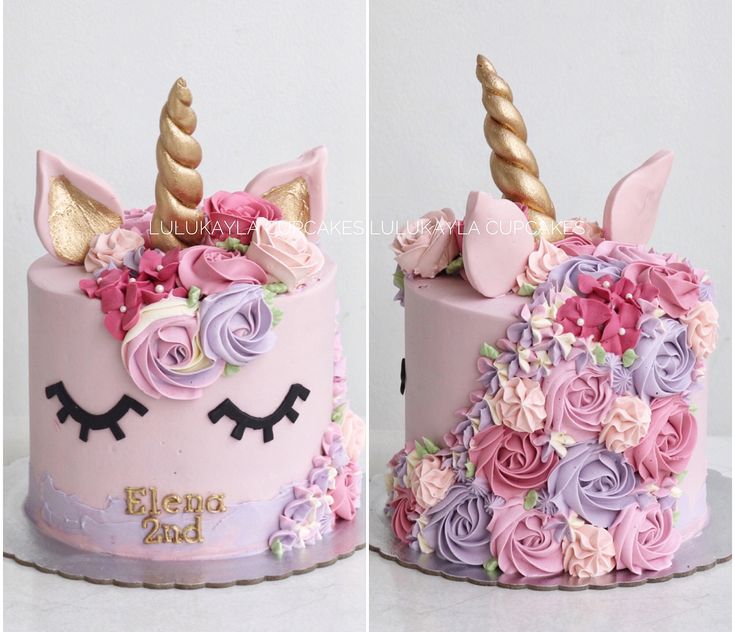 two cakes decorated with flowers and unicorn ears