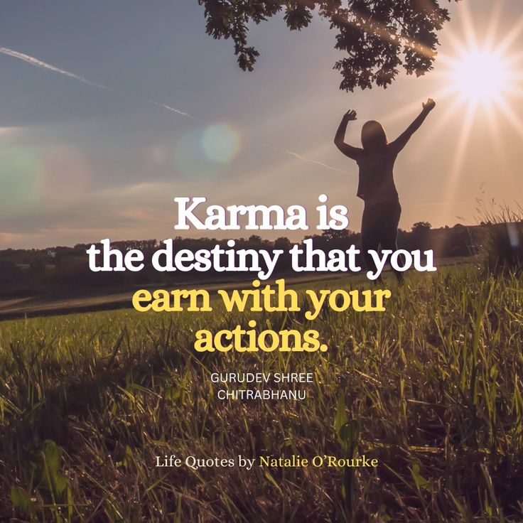 a woman standing in the grass with her arms up, and text that reads karma is the