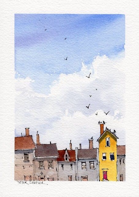 watercolor painting of houses and birds flying in the sky