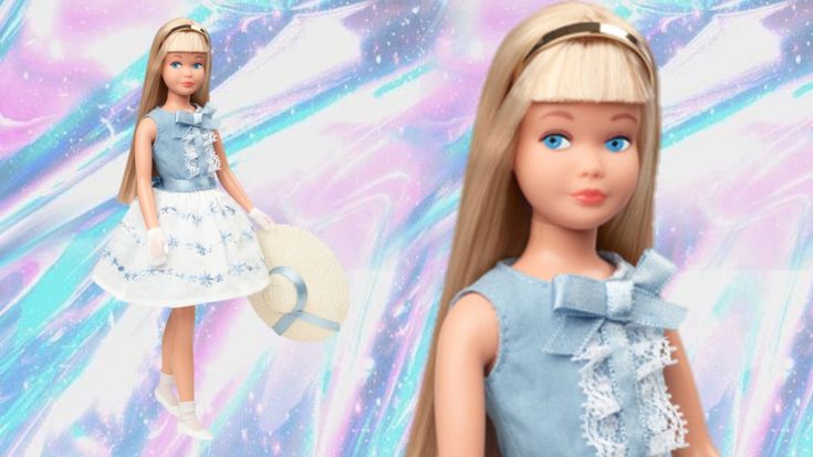 the doll is wearing a blue dress and white shoes