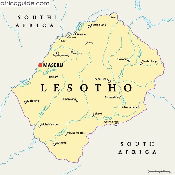 a map of south africa with the capital lesotho highlighted in red and two major cities