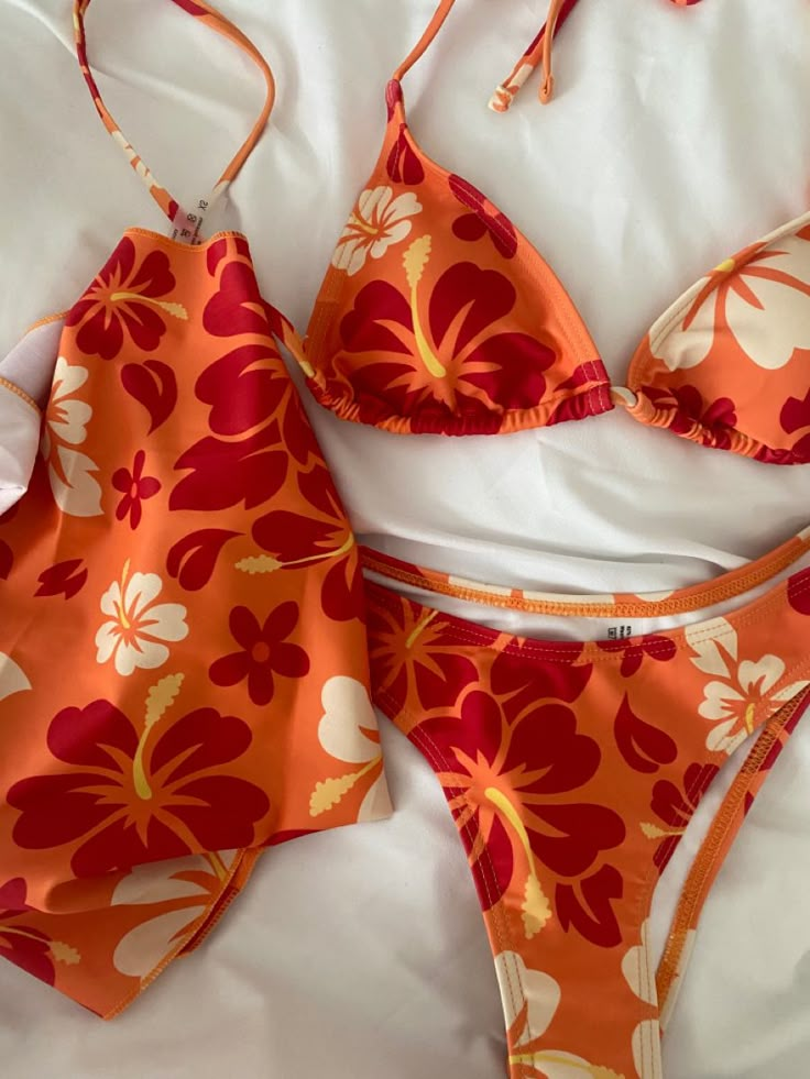 cute orange bikini #bikini #summer #orange #swim #italy #greec #mammamia Summer Vacation Orange Swimwear, Orange Bikinis, Beachy Orange Swimwear With Tropical Print, Summer Bikinis Orange, Orange Tropical Print Beachy Swimwear, Orange Floral Print Beachy Swimwear, Mexico Fashion, Orange Swimwear, Orange Swimsuit