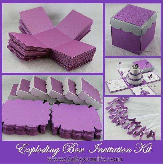 an assortment of purple and white items for a wedding or birthday party with the words exploding box innovation kit written below