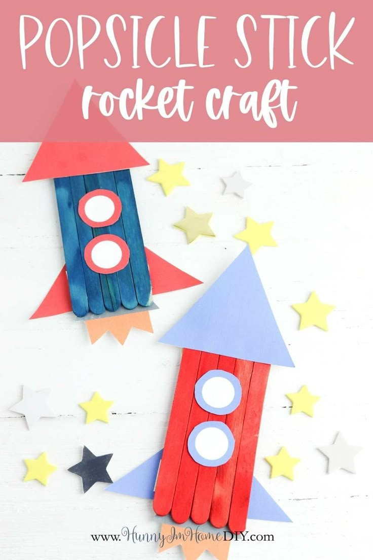 popsicle stick rocket craft with stars around it and the text overlay says popsicle stick rocket craft