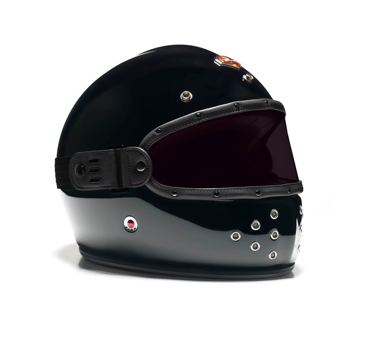 the helmet is black and red with silver rivets