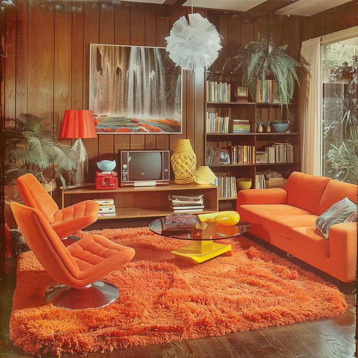 an orange living room with bookshelves and furniture