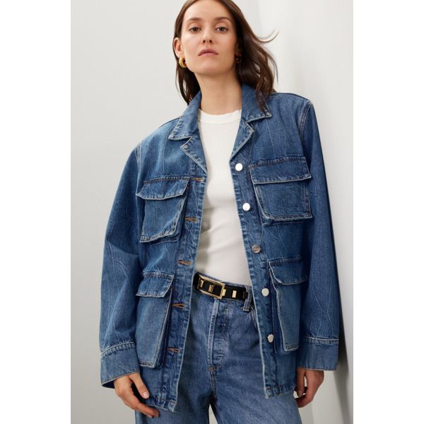 Blue denim (100% Cotton). Jacket. Long sleeves. Front button closure. 28.5" from shoulder to hemline. Imported. Lightweight Denim Jacket, Simple Tees, Rent The Runway, Jacket Long, Anine Bing, Cotton Jacket, Jacket Buttons, Blue Denim, Denim Jacket