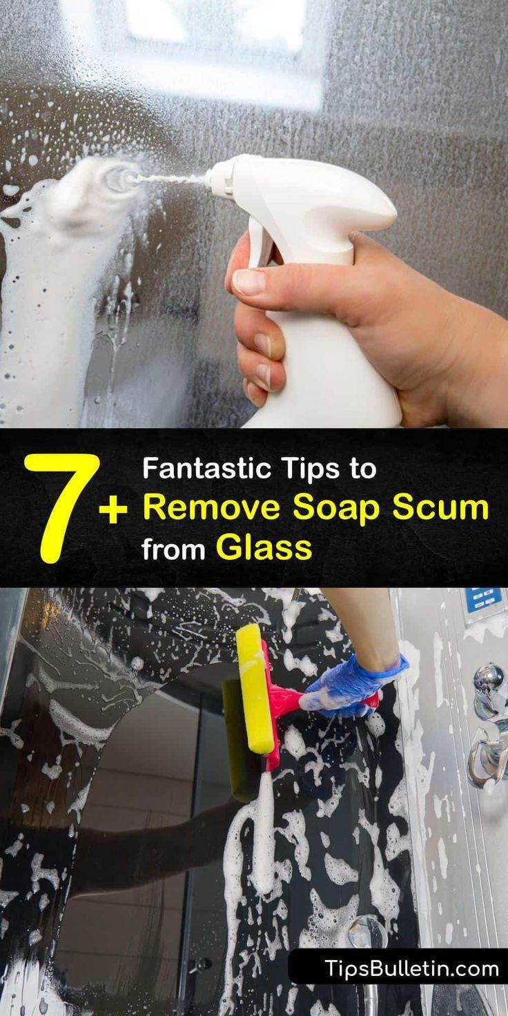 Discover how to clean glass shower doors and other glass surfaces to remove soap scum and a hard water stain. It’s easy to clean soap scum off shower glass with white vinegar, baking soda, salt, lemons, and a microfiber cloth and restore a clean glass surface. #remove #soap #scum #glass Soap Scum Removal, Soap Scum Cleaner, Best Soap Scum Remover, Cleaning Glass Shower Doors, Glass Shower Door Cleaner, Glass Cleaner Recipe, Shower Door Cleaner, Cleaning Shower Glass, Clean Shower Doors