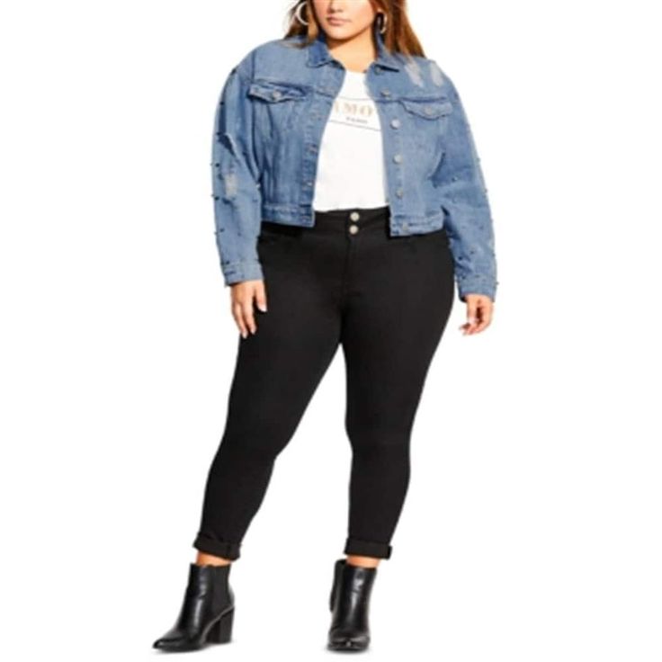 Ready to rock: City Chic's plus size cotton denim jacket is studded, distressed and perfectly cropped for cool coverage... Experience timeless elegance with our collections. Made from premium materials, they offer unparalleled comfort and style. Whether you're dressing up for a formal event or keeping it casual for eve Fall Denim Jacket, Rock City, Fall Denim, Denim Chic, Distressed Denim Jacket, Cropped Denim Jacket, Chic Woman, Cropped Denim, City Chic