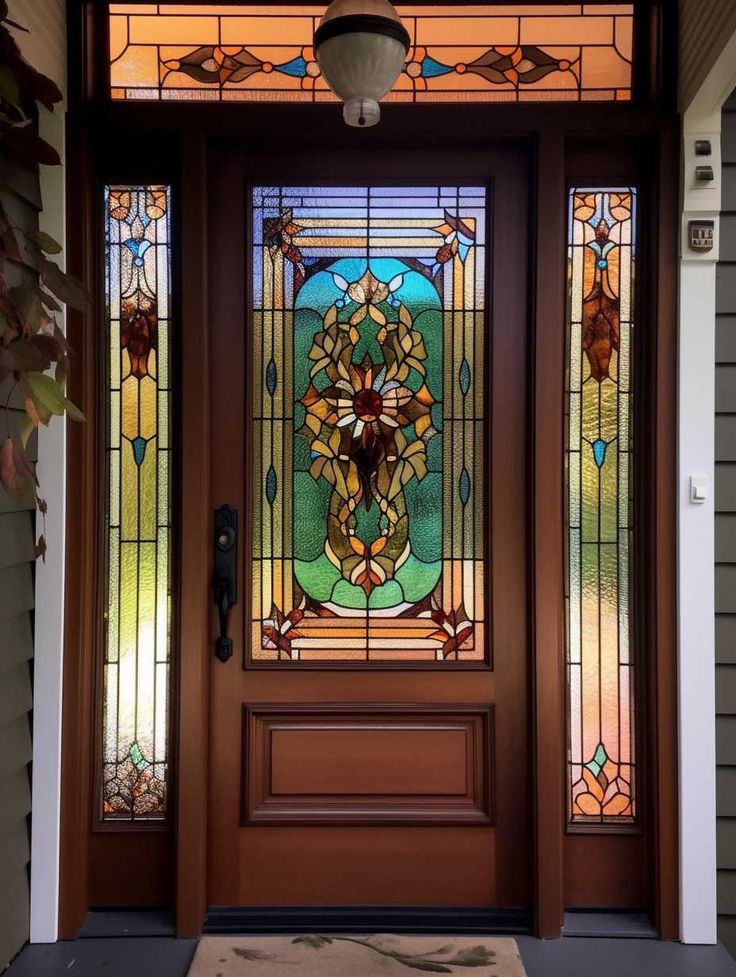 a wooden door with stained glass on it