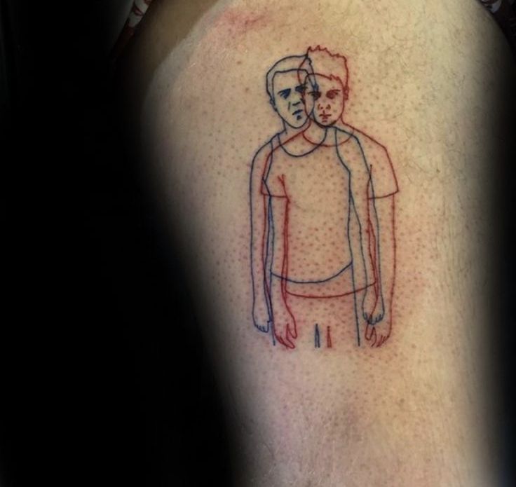 a man's arm with a drawing of two people on it