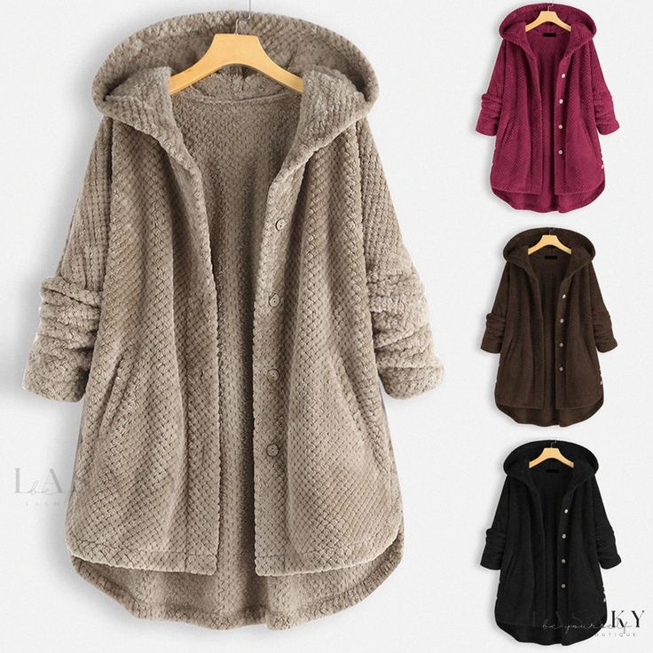 Lasaky - Winter Hooded Double-Sided Velvet Sweater Fashion Long Coat Cheap Winter Sweater Coat With Button Closure, Coat For Plus Size For Women, Plus Size Ladies Winter Coats, Cheap Button-up Winter Outerwear, Coats For Plus Size Women Winter, Bear Coat, Velvet Sweater, Fleece Cardigan, Pullover Mode