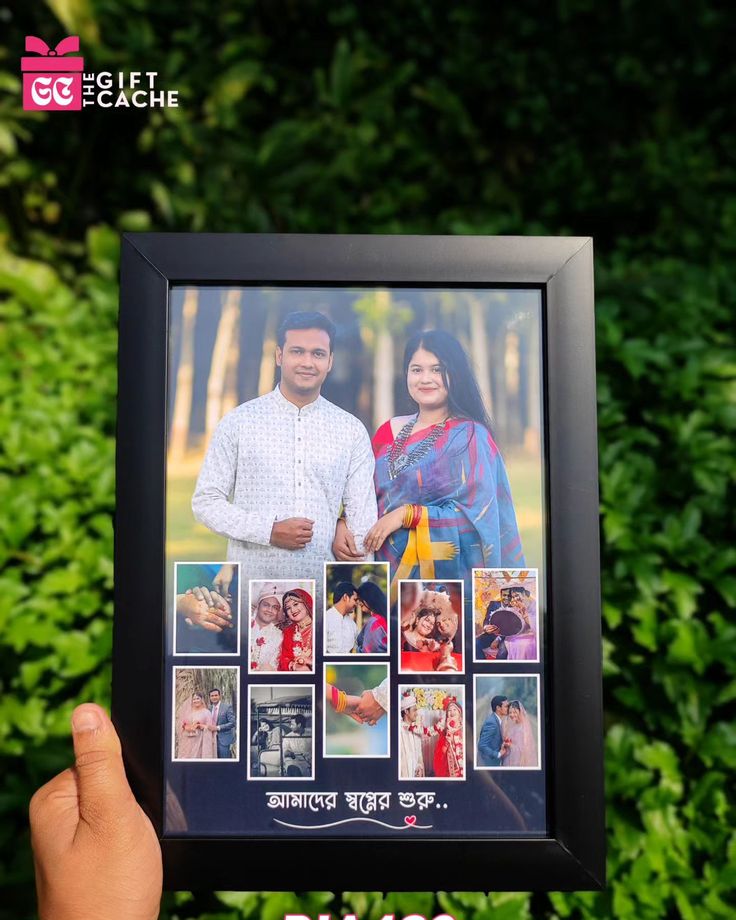 a person holding up a framed photo with photos on it in front of some bushes