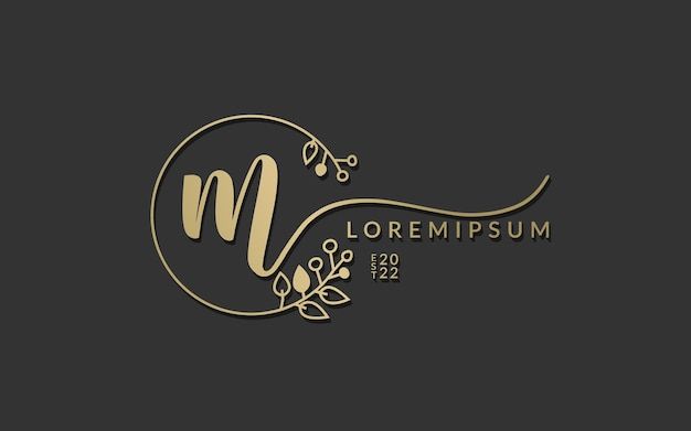 the letter m is inscribed in gold with leaves and flowers on a black background logo design