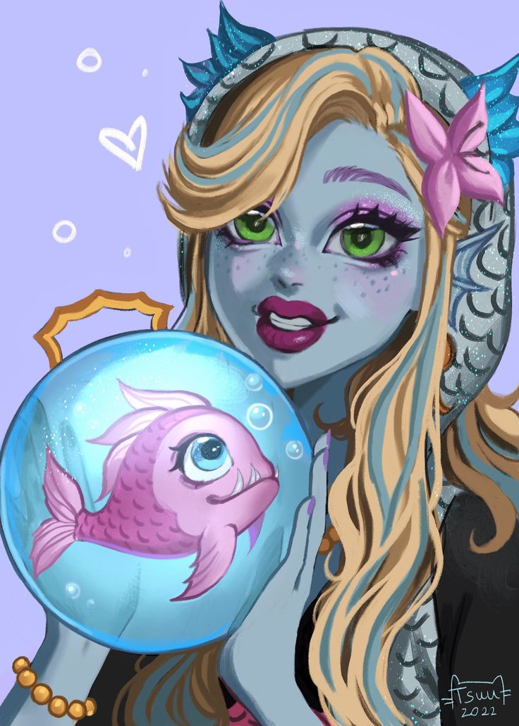 a drawing of a girl holding a fish in her hand and looking at the camera