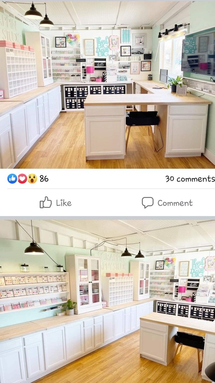 two pictures show the inside of a nail salon with white cabinets and counter tops, along with wooden flooring