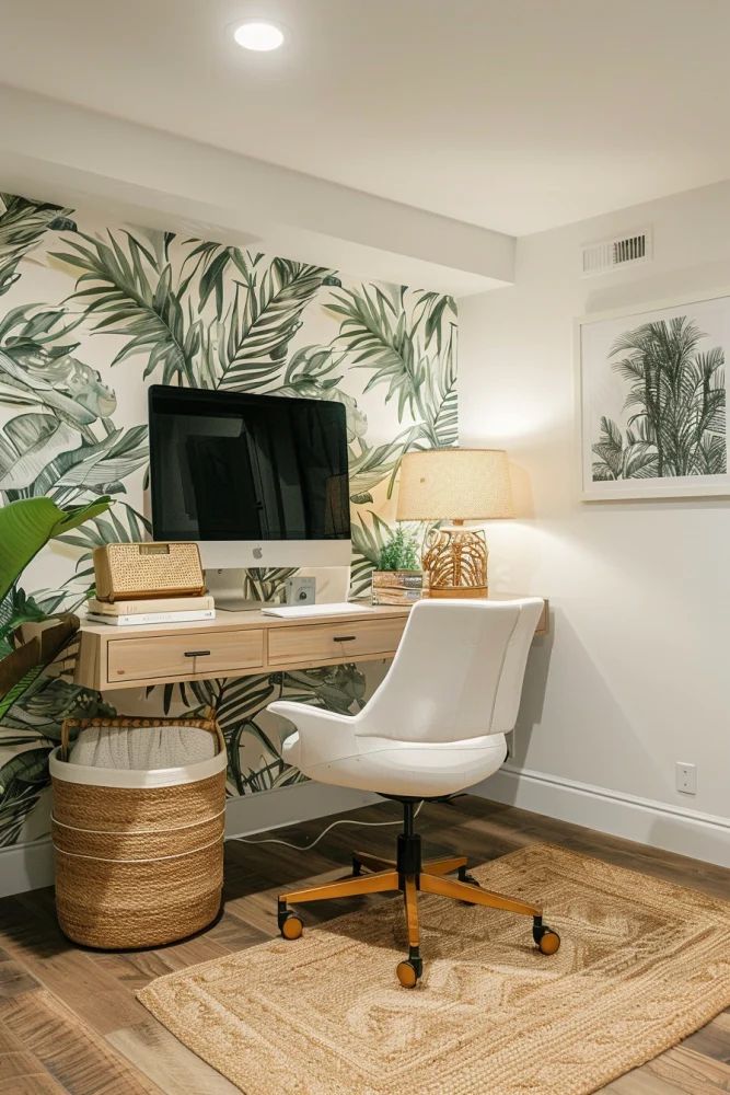 a home office with palm leaves on the wall