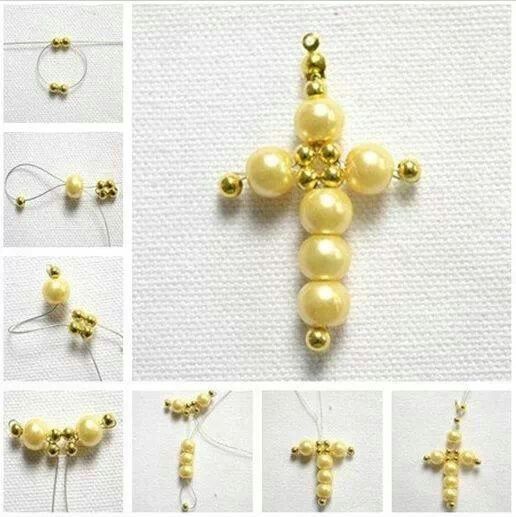 how to make a beaded cross ornament with pearls and gold beads - step by step