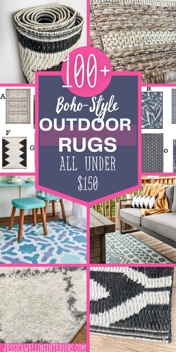 various rugs with the words, boho - style outdoor rugs all under $ 150