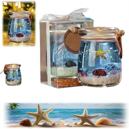 two starfish in a glass jar with sand and sea shells