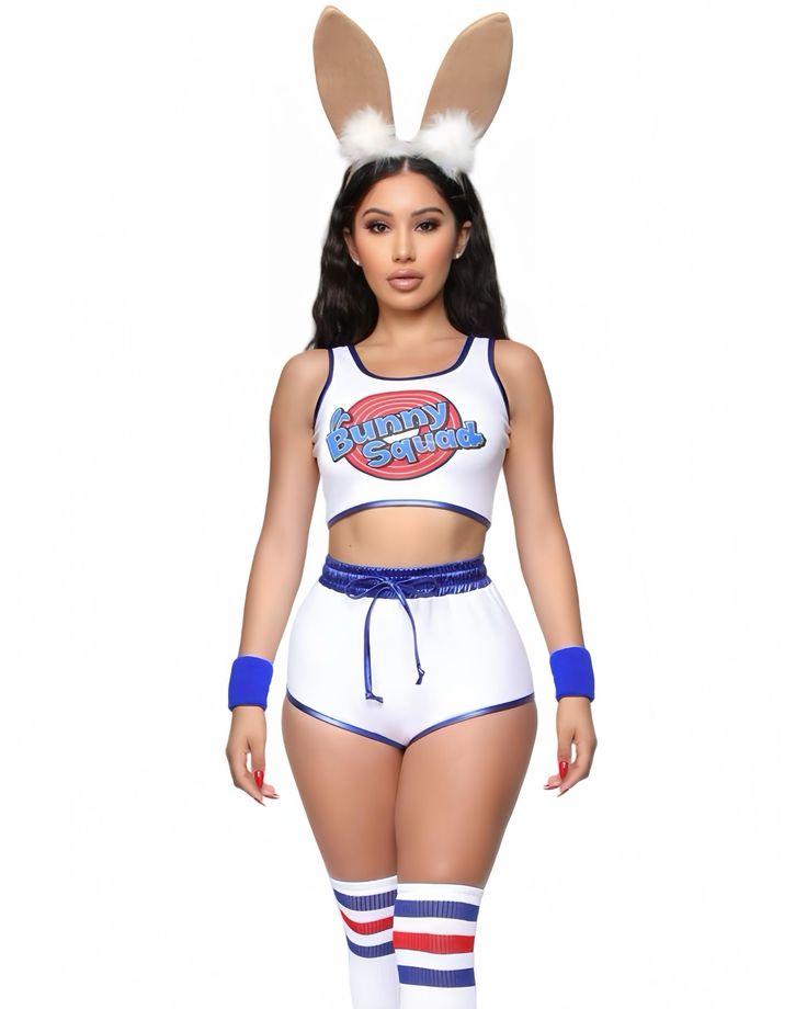 a woman in bunny ears and shorts is posing for the camera with her hands on her hips