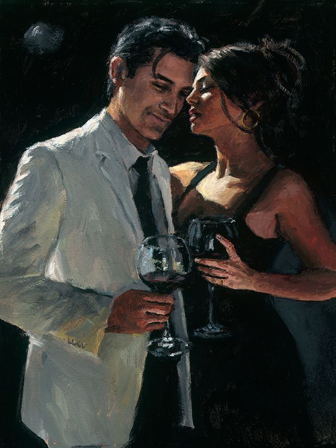 a painting of a man and woman holding wine glasses in front of each other with their faces close together