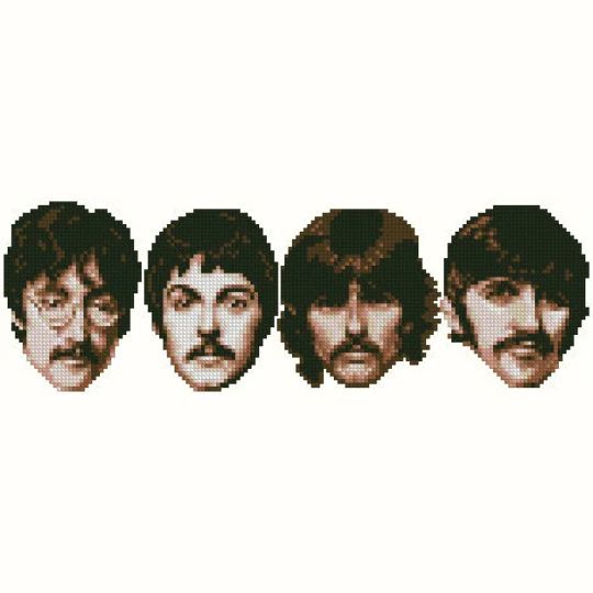 the beatles pixel art cross stitch pattern in black and white, with four different faces