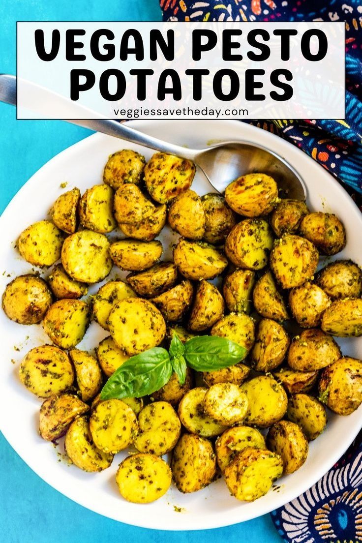 vegan pesto potatoes in a white bowl with basil leaves on top and text overlay