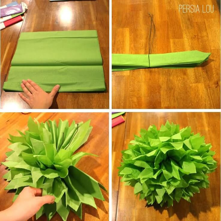 four pictures showing how to make a paper flower bouquet with green tissue paper and scissors