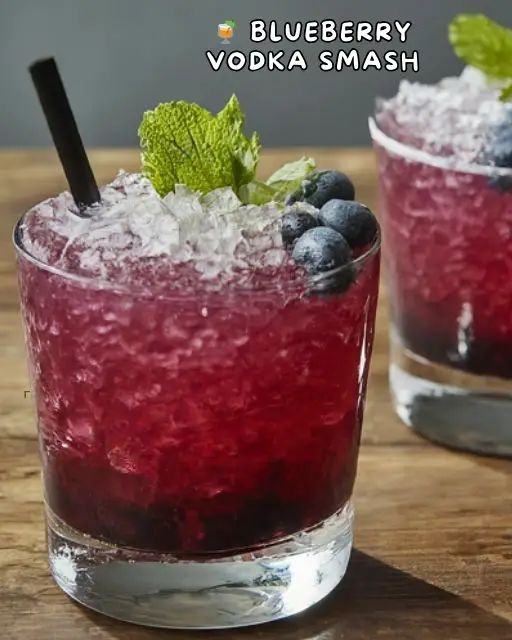 two glasses filled with blueberry vodka smash on top of a wooden table next to each other