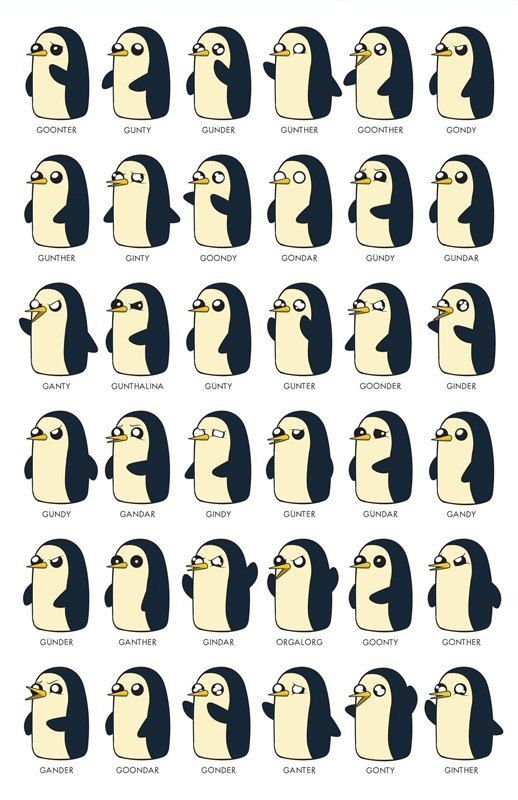 an image of penguins with different expressions on their face and body, all in different positions