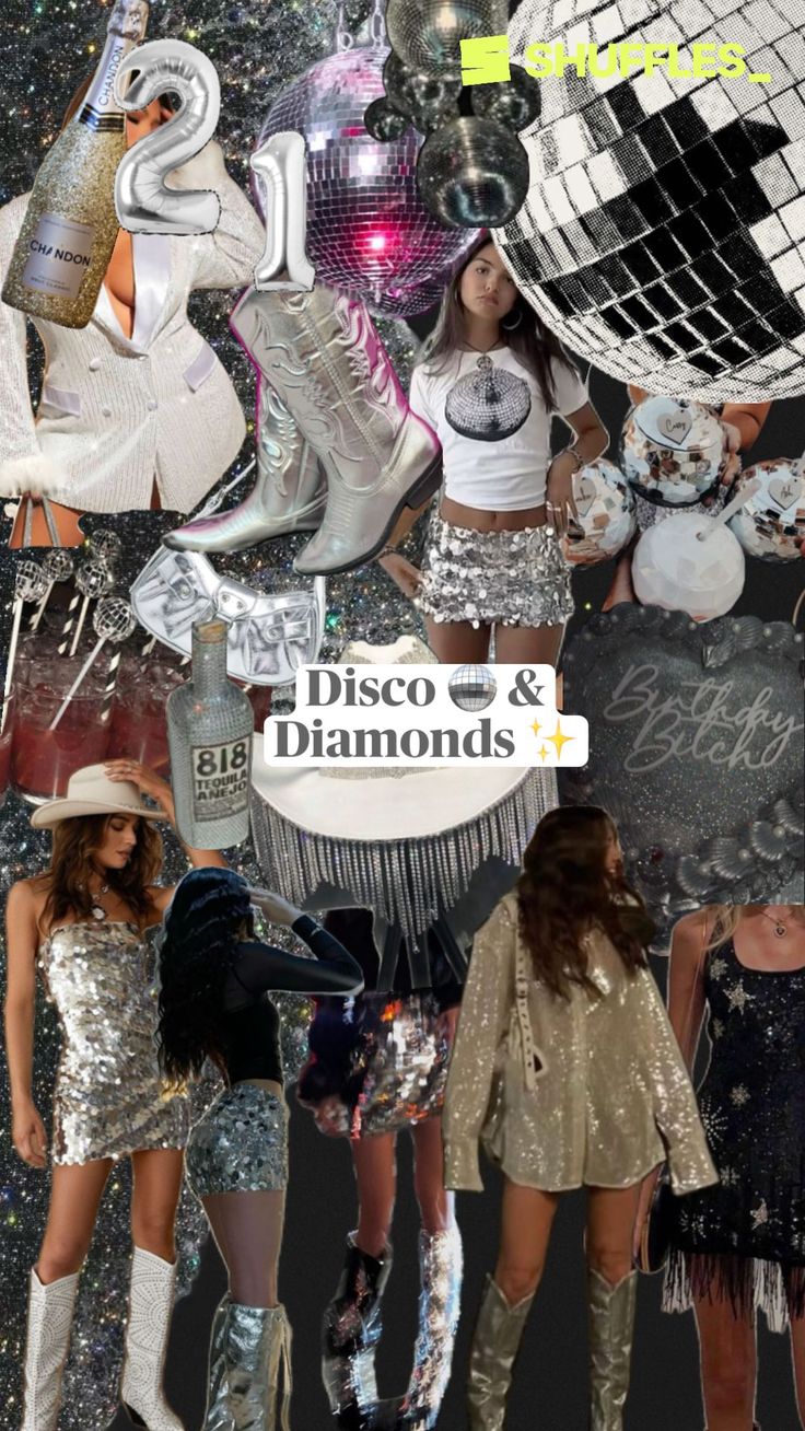 disco and diamonds collage with girls in sequins, high heeled boots