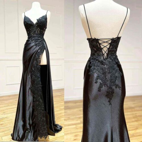 ad eBay - Find many great new & used options and get the best deals for Black Wedding Dresses Spaghetti Straps Sexy Side Split Mermaid Bridal Gowns at the best online prices at eBay! Free shipping for many products! Gothic Bridesmaids Dresses, Elegant Revealing Dress, Black Slim Wedding Dress, Formal Vampire Dress, Petite Black Wedding Dress, Goth Reception Dress, Black Wedding Dress Tight, Black Dress With Gold Details, Goth Black Tie Dress